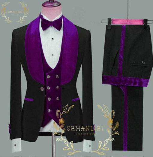Wide Shawl Lapel Tuxedo - Wedding Groom Black & Purple - Vested With Bowtie