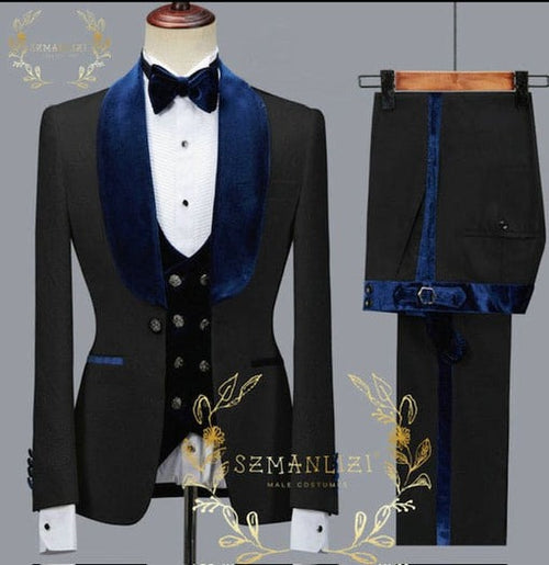 Wide Shawl Lapel Tuxedo - Wedding Groom Charcoal & Navy - Vested With Bowtie