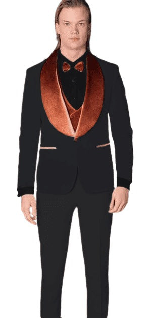 Wide Shawl Lapel Tuxedo - Wedding Groom Black & Orange - Vested With Bowtie
