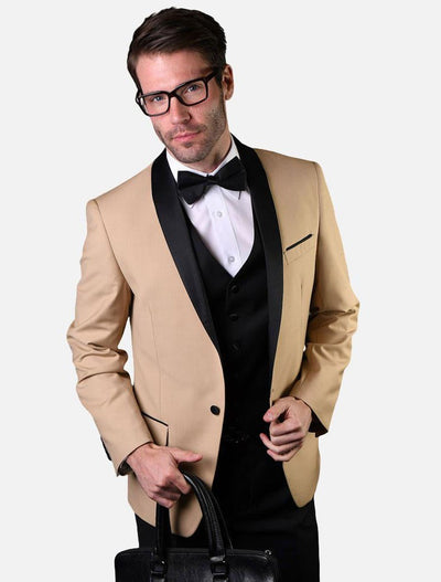 Prom Tuxedo - Wedding Suit - Groom Suit MEN'S CHAMPAGNE WITH BLACK LAPEL VESTED 100% WOOL TUXEDO by PROMTUXEDO