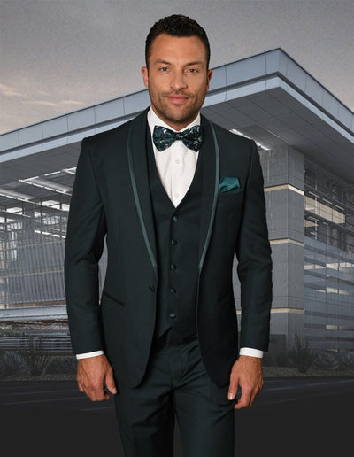 Prom Tuxedo - Wedding Suit - Groom Suit STATEMENT MEN'S HUNTER WITH TRIM LAPEL VESTED 100% WOOL TUXEDO by PROMTUXEDO
