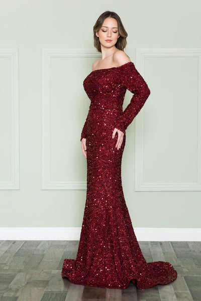 POLY USA 8876 Long Sleeve Sequin Off Shoulder Dress For Holiday Party