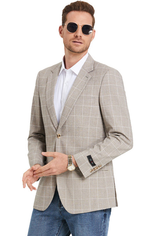 Men's Slim Fit Summer Windowpane Suit in Light Tan