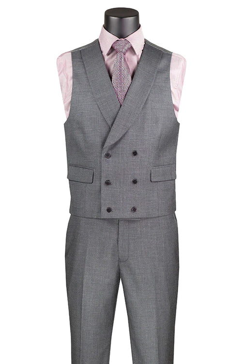 Men's Summer Sharkskin Suit with Double Breasted Vest in Charcoal Grey