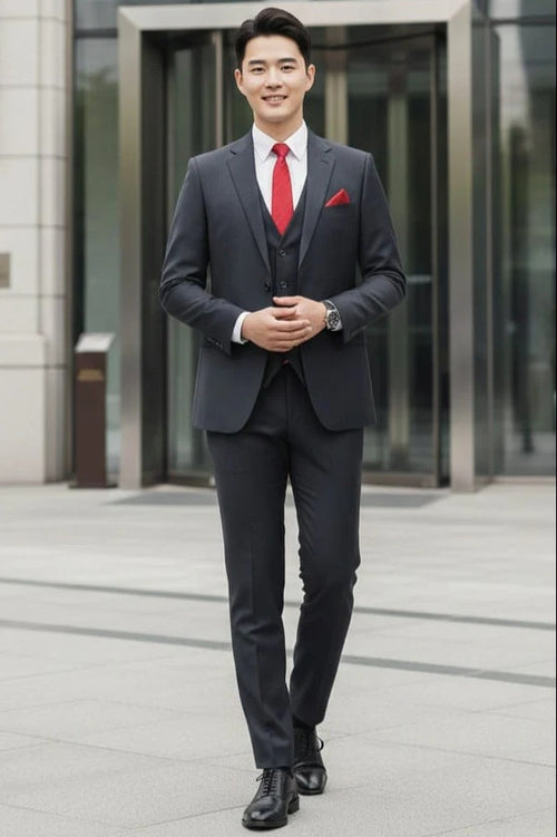 Mens Giovanni Testi Charcoal 3 Piece Suit β 2 Button Closure, Classic Notch Lapel, Flex Waist Pants