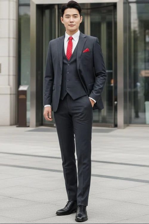 Mens Giovanni Testi Charcoal 3 Piece Suit β 2 Button Closure, Classic Notch Lapel, Flex Waist Pants