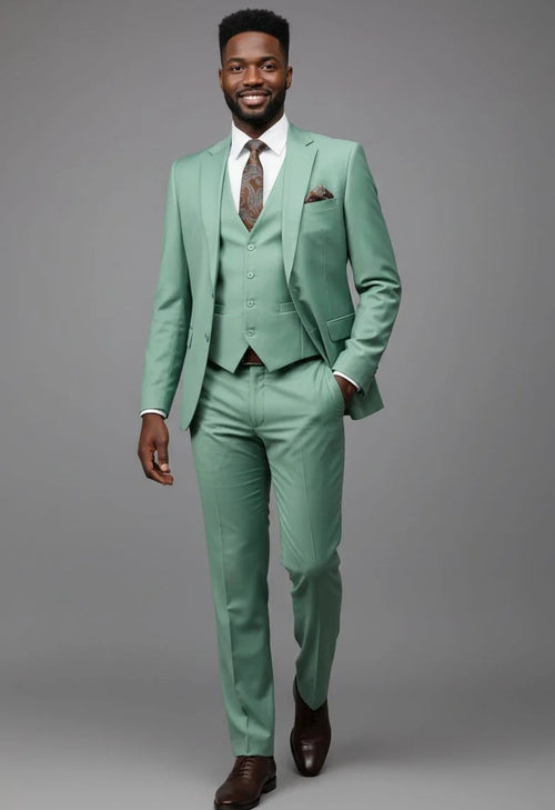 Mens Giovanni Testi Mint 3 Piece Suit β Modern Fit 2 Button Notch Lapel with Pick Stitching & Flex Waist Pants
