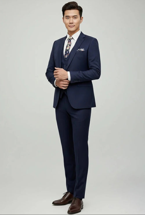 Mens Giovanni Testi Navy 3 Piece Suit β Modern Fit 2 Button Notch Lapel, Side Vents, Flex Waist Trousers
