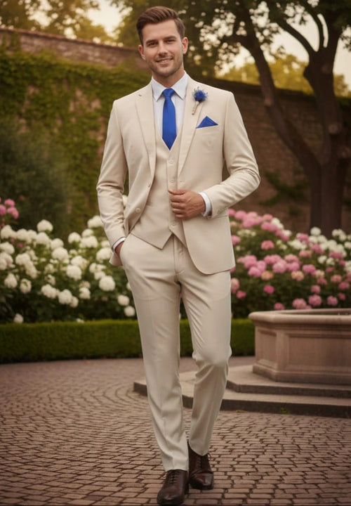 Mens Giovanni Testi Sand 3 Piece Suit β Formal 2 Button Blazer, Vest & Comfort Flex Waist Trousers