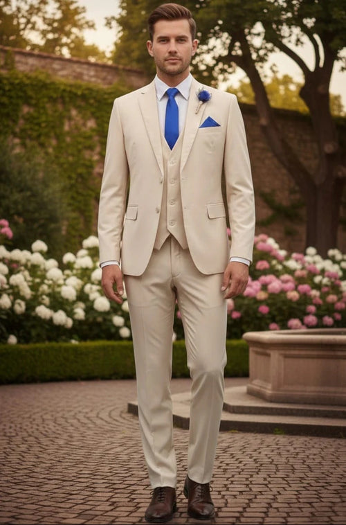 Mens Giovanni Testi Sand 3 Piece Suit β Formal 2 Button Blazer, Vest & Comfort Flex Waist Trousers
