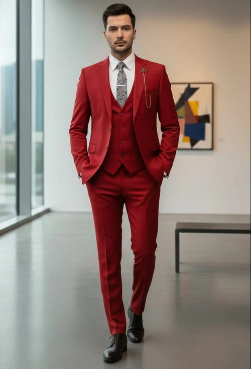 Mens Giovanni Testi Red 3 Piece Suit Set β Notch Lapel Jacket, Matching Vest, Side Vents & Comfort Waist Pants