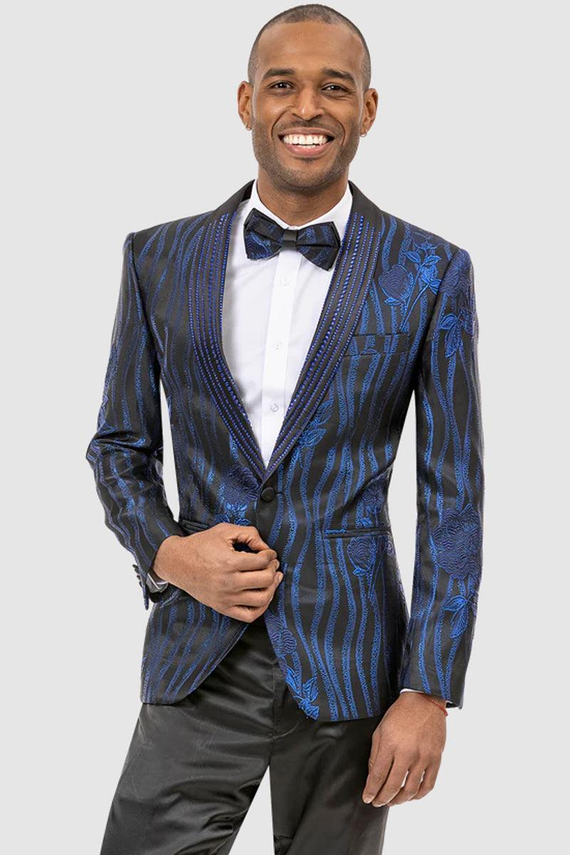"EJ Samuel Men's Floral-Wave Tuxedo: Classy Blend of Modern Style in Black & Royal Blue" - USA Men's Outlet – SuitUSA