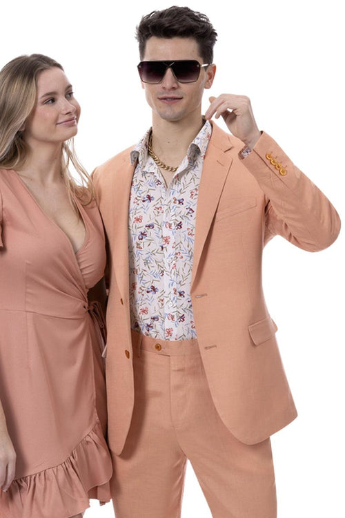 EJ Samuel Men's Modern Fit Coral Linen Suit β Summery Chic Style - USA Men's Outlet