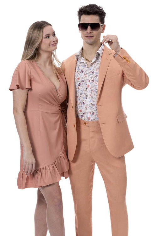 EJ Samuel Men's Modern Fit Coral Linen Suit β Summery Chic Style - USA Men's Outlet