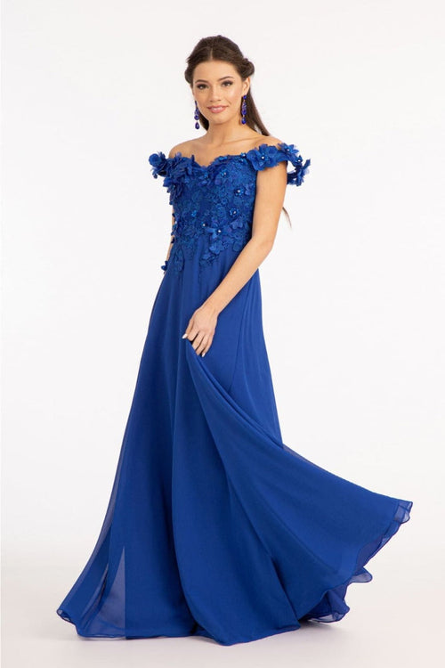 Off Shoulder Floral Chiffon Gown by Elizabeth K GL3018