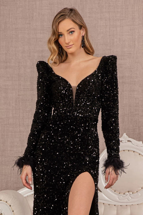 High Slit Velvet Gown with Feathers by Elizabeth K GL3122