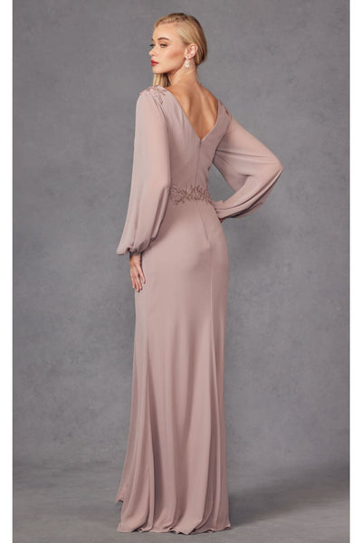 Embroidered Long Sleeve A-line Slit Gown by Juliet JTM16A