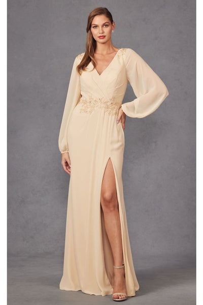 Embroidered Long Sleeve A-line Slit Gown by Juliet JTM16A