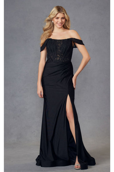 Embroidered Off-Shoulder Corset Gown by Juliet 2407