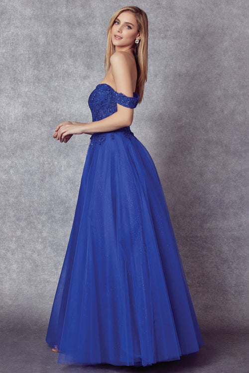 Juliet 280 Embroidered Illusion Bodice Glitter Tulle Off Shoulder Dress