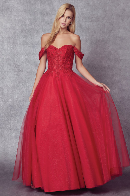 Juliet 280 Embroidered Illusion Bodice Glitter Tulle Off Shoulder Dress