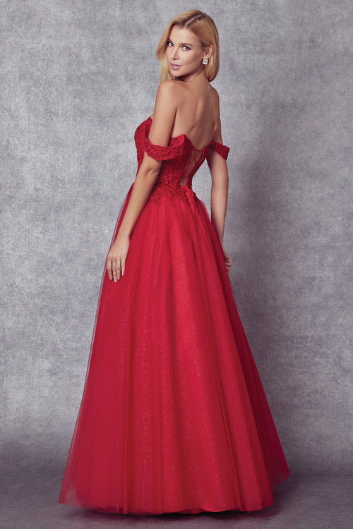 Juliet 280 Embroidered Illusion Bodice Glitter Tulle Off Shoulder Dress