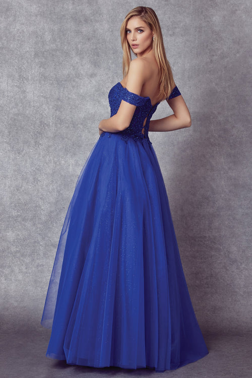Juliet 280 Embroidered Illusion Bodice Glitter Tulle Off Shoulder Dress