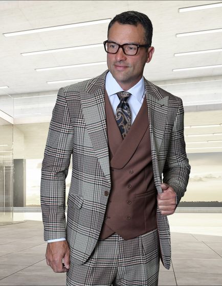 Statement Men's 3 Piece Plaid 100% Wool Modern Fit Suit - Peak Lapel