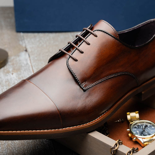 Zelli Enzo Classic Cap Toe Dress Shoes in Chestnut Calfskin Leather