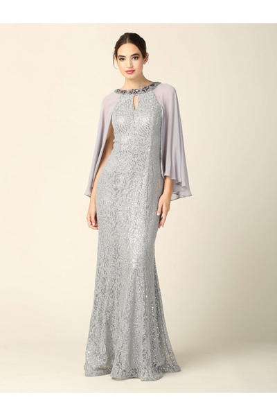Eva USA 3276 Mother of the Bride Keyhole Neck Sequin Cape Dress