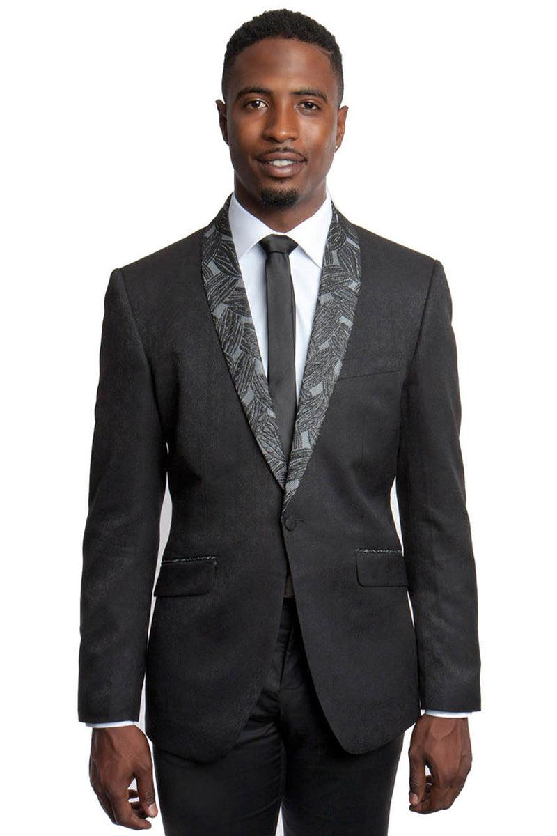 Examples:
Tazio Men's Elegant One-Button Slim Fit Jacket with Preppy Leaf Lapel in Black - USA Men's Outlet