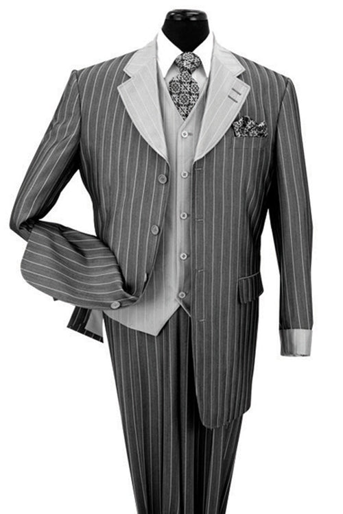 Mens Vested Shiny Sharkskin Pinstripe Fashion Zoot Suit in Black by Fortino Landiin