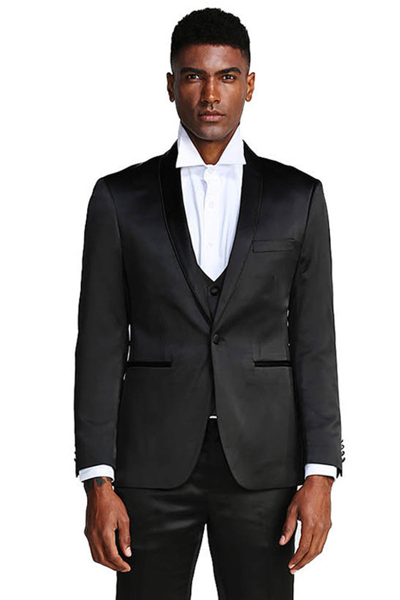 Black Men's Slim Fit Satin Tuxedo Suit - Vested Prom & Wedding Attire by Tazzio