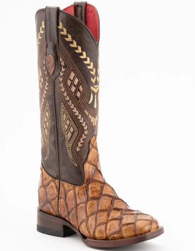 Ferrini Women's Bronco Square Toe Boots Pirarucu Fish Print - Cognac Ferrini USA