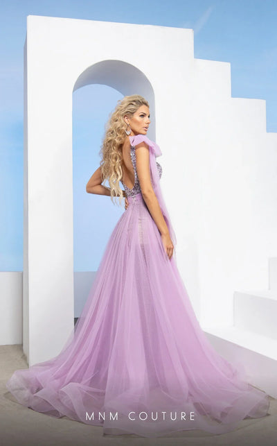 MNM Couture M0084 Lilac One-Shoulder Beaded Tulle Evening Gown