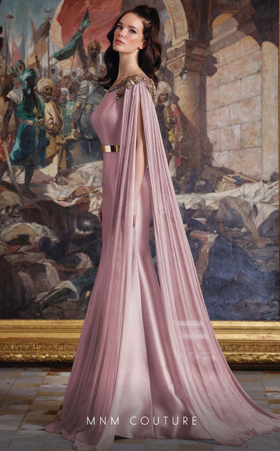 MNM Couture EZ0020 One-Shoulder Satin Gown with Cape Sleeve in Burgundy