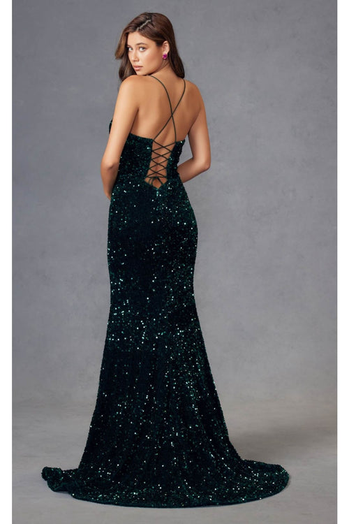 Fitted Sleeveless Long Sequin Velvet Dress by Juliet 2406