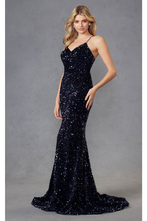 Fitted Sleeveless Long Sequin Velvet Dress by Juliet 2406