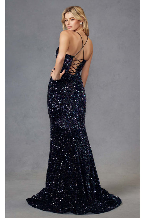 Fitted Sleeveless Long Sequin Velvet Dress by Juliet 2406