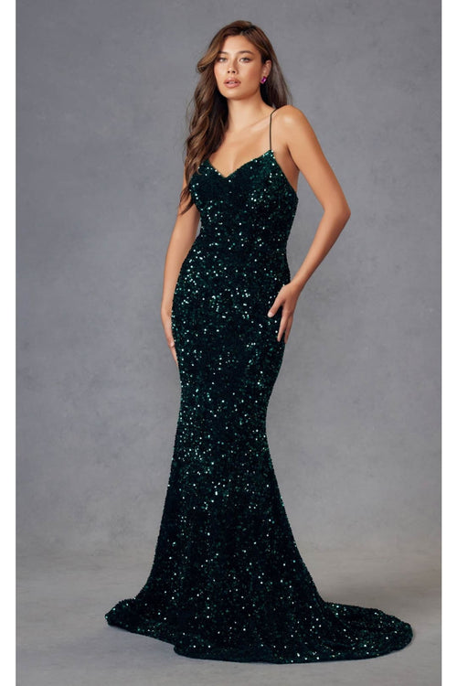 Fitted Sleeveless Long Sequin Velvet Dress by Juliet 2406