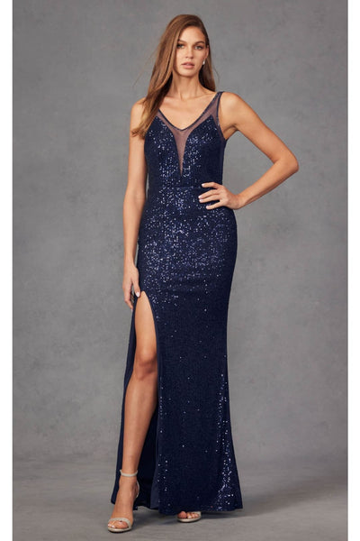 Fitted V-Neck Sequin Gown with Sheer Detail by Juliet 264