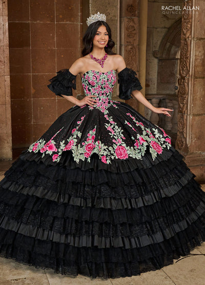 Floral Quinceañera Ball Gown with Embroidery Sleeves & Tiered Ruffle Skirt by Rachel Allan RQ5002