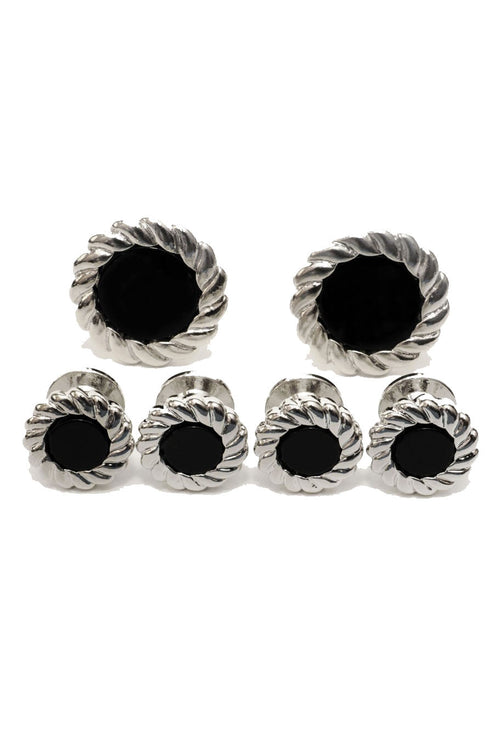 Black Onyx with Fluted Silver Trim Studs and Cufflinks Set by Cristoforo Cardi