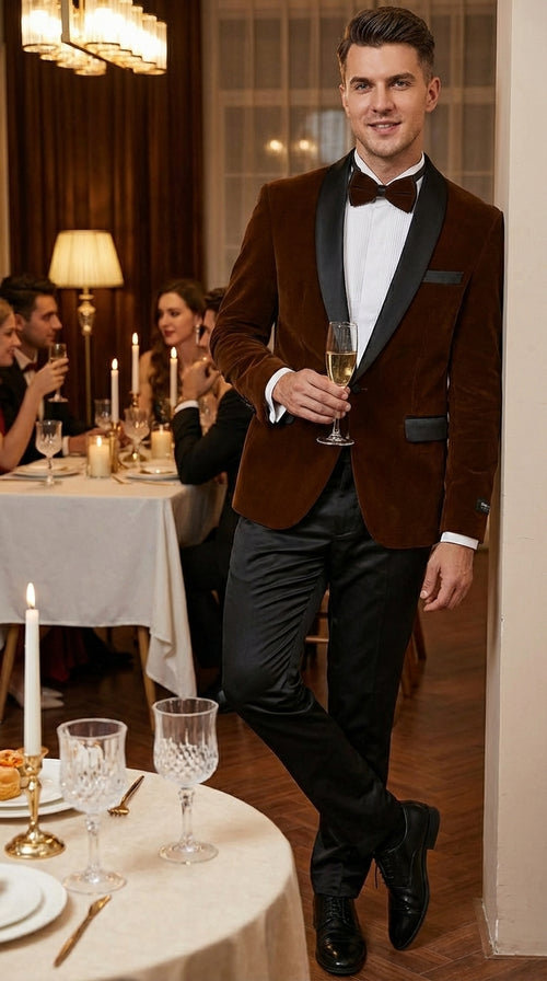 Mens Brown Velvet Tuxedo Jacket – Luxury Black Lapel Velvet Blazer for Wedding, Prom and Formal Events