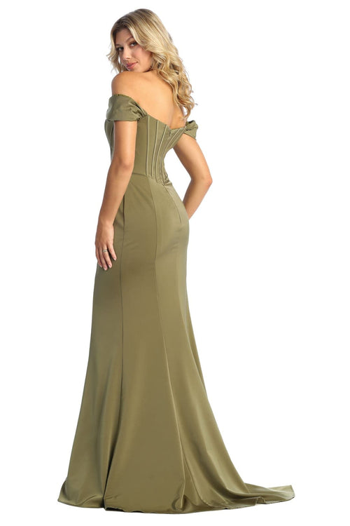 Off-Shoulder Corset Bodice Sheath Dress Long Evening Gown with Sweep Train by May Queen MQ1909