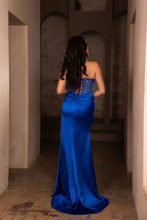 Sweetheart Prom Dress Beaded Corset Slit Satin Formal Evening Gown