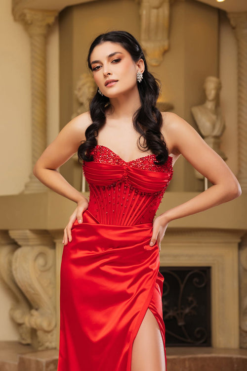 Sweetheart Prom Dress Beaded Corset Slit Satin Formal Evening Gown