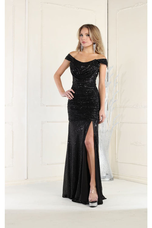 Sequin Cowl Neck Formal Prom Gown with Slit By Royal Queen RQ7950