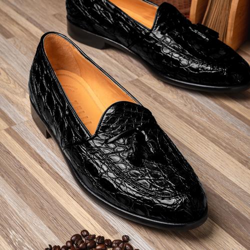 Zelli Franco Tassel Loafers in Genuine Caiman Crocodile - Black