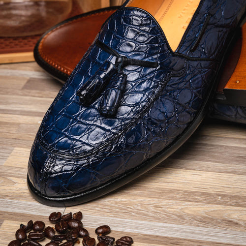 Zelli Franco Genuine Caiman Crocodile Tassel Loafers in Navy
